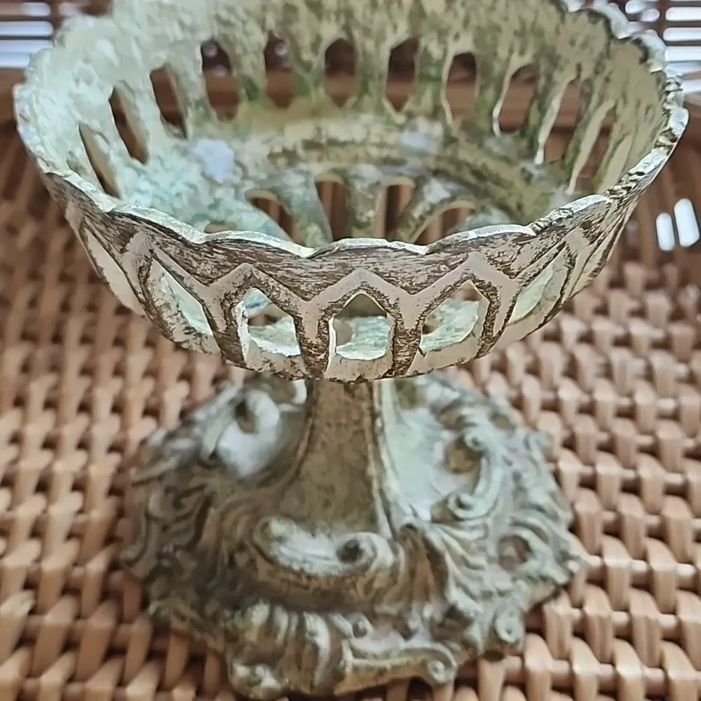 Vintage Distressed Metal Candleholder Cutwork Chalice with Felted Bottom